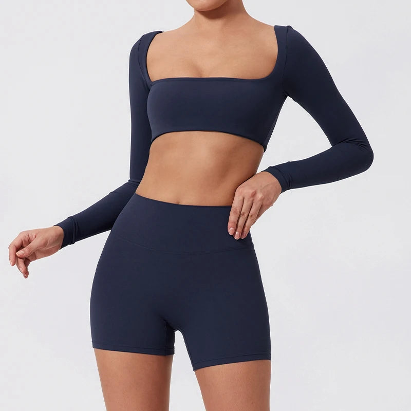 Summer Long-Sleeved Sports Fitness Set Women Outdoors Running Activewear Female Yoga Clothes Crop Top Sport Outfit For Woman