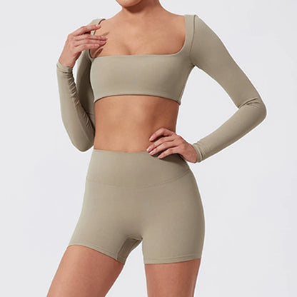 Summer Long-Sleeved Sports Fitness Set Women Outdoors Running Activewear Female Yoga Clothes Crop Top Sport Outfit For Woman