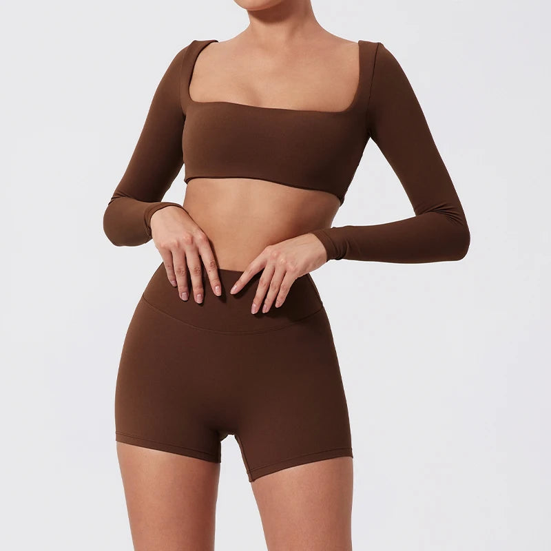 Summer Long-Sleeved Sports Fitness Set Women Outdoors Running Activewear Female Yoga Clothes Crop Top Sport Outfit For Woman