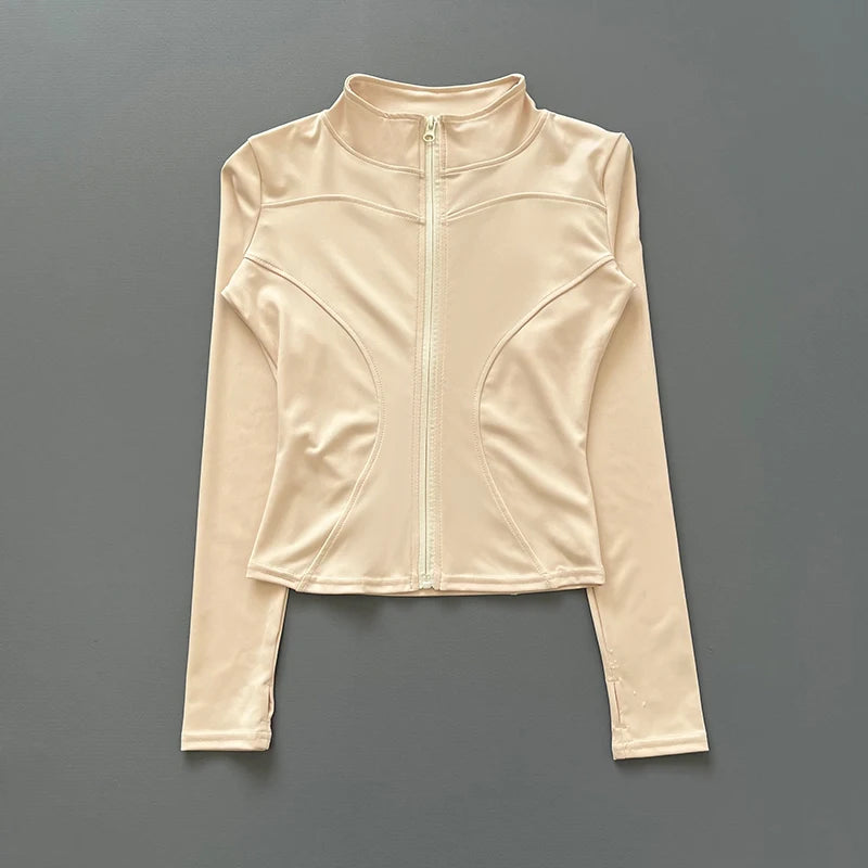 Women's Workout Jacket Stretch Fitted Zip Front Long Sleeve Running Yoga Slimming Waist-Cinching Stand Collar Quick-Dry Sportswe