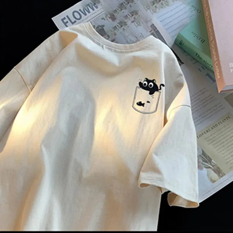 T-shirt Set American Retro Fashion Black Cat Printing T-shirt Oversized Half-sleeved Youth T-shirt