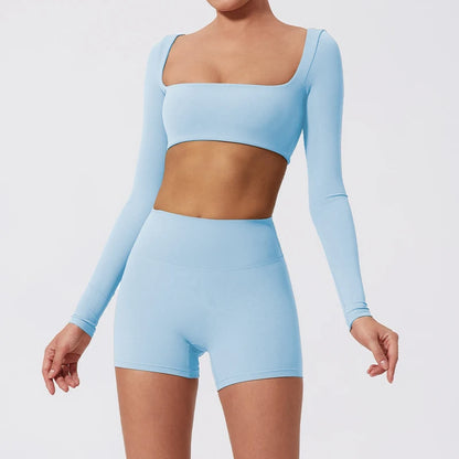 Summer Long-Sleeved Sports Fitness Set Women Outdoors Running Activewear Female Yoga Clothes Crop Top Sport Outfit For Woman