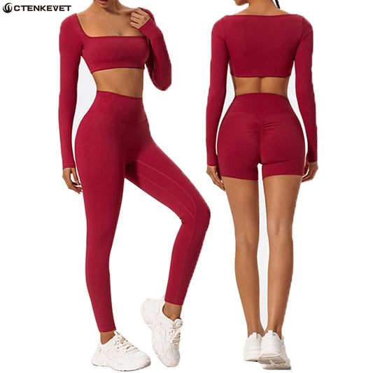 Summer Long-Sleeved Sports Fitness Set Women Outdoors Running Activewear Female Yoga Clothes Crop Top Sport Outfit For Woman