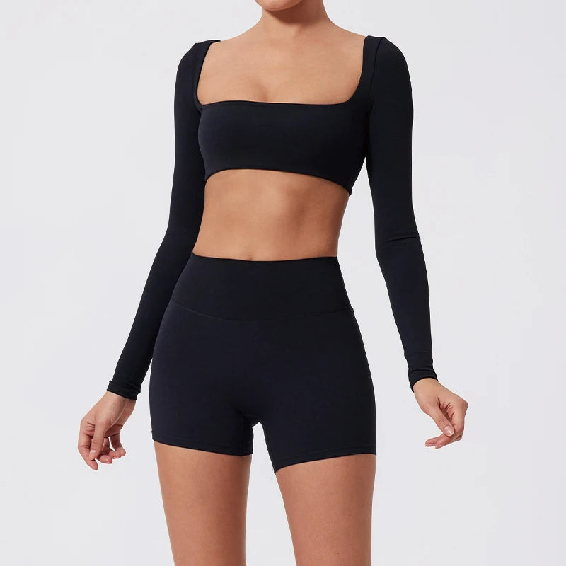 Summer Long-Sleeved Sports Fitness Set Women Outdoors Running Activewear Female Yoga Clothes Crop Top Sport Outfit For Woman