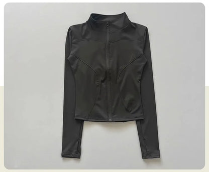 Women's Workout Jacket Stretch Fitted Zip Front Long Sleeve Running Yoga Slimming Waist-Cinching Stand Collar Quick-Dry Sportswe