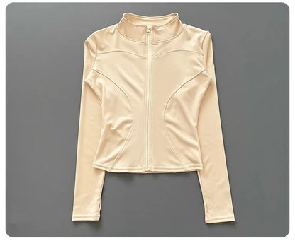 Women's Workout Jacket Stretch Fitted Zip Front Long Sleeve Running Yoga Slimming Waist-Cinching Stand Collar Quick-Dry Sportswe