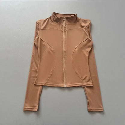 Women's Workout Jacket Stretch Fitted Zip Front Long Sleeve Running Yoga Slimming Waist-Cinching Stand Collar Quick-Dry Sportswe