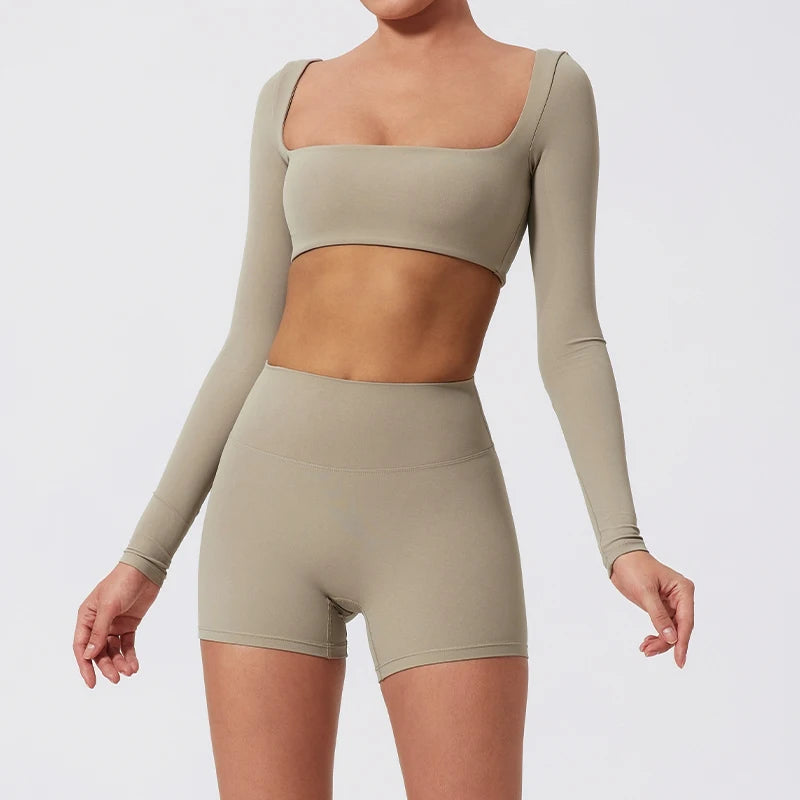 Summer Long-Sleeved Sports Fitness Set Women Outdoors Running Activewear Female Yoga Clothes Crop Top Sport Outfit For Woman