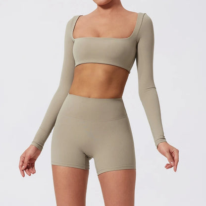 Summer Long-Sleeved Sports Fitness Set Women Outdoors Running Activewear Female Yoga Clothes Crop Top Sport Outfit For Woman