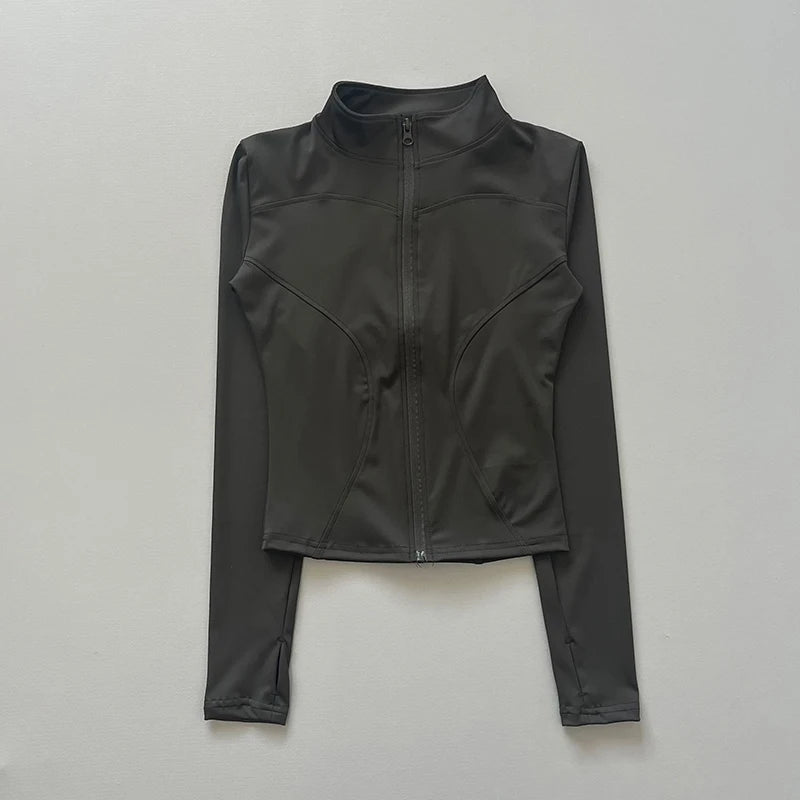 Women's Workout Jacket Stretch Fitted Zip Front Long Sleeve Running Yoga Slimming Waist-Cinching Stand Collar Quick-Dry Sportswe