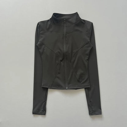 Women's Workout Jacket Stretch Fitted Zip Front Long Sleeve Running Yoga Slimming Waist-Cinching Stand Collar Quick-Dry Sportswe