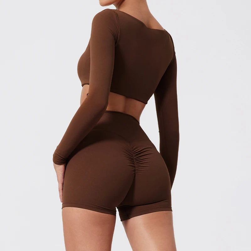 Summer Long-Sleeved Sports Fitness Set Women Outdoors Running Activewear Female Yoga Clothes Crop Top Sport Outfit For Woman