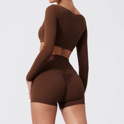 Summer Long-Sleeved Sports Fitness Set Women Outdoors Running Activewear Female Yoga Clothes Crop Top Sport Outfit For Woman