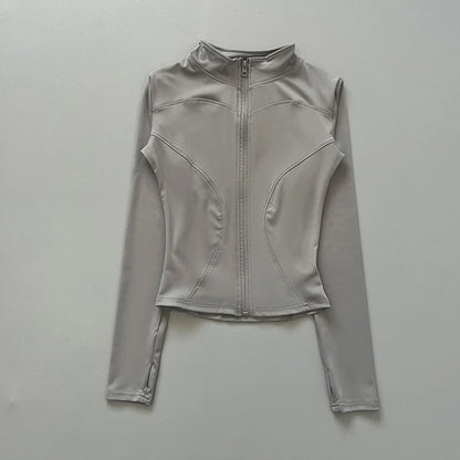 Women's Workout Jacket Stretch Fitted Zip Front Long Sleeve Running Yoga Slimming Waist-Cinching Stand Collar Quick-Dry Sportswe