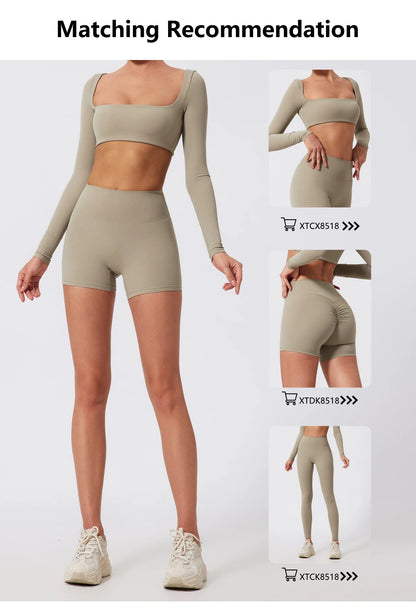Summer Long-Sleeved Sports Fitness Set Women Outdoors Running Activewear Female Yoga Clothes Crop Top Sport Outfit For Woman