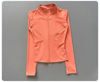 Women's Workout Jacket Stretch Fitted Zip Front Long Sleeve Running Yoga Slimming Waist-Cinching Stand Collar Quick-Dry Sportswe