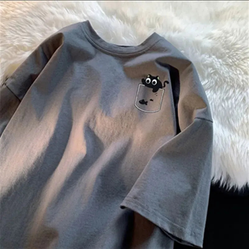 T-shirt Set American Retro Fashion Black Cat Printing T-shirt Oversized Half-sleeved Youth T-shirt