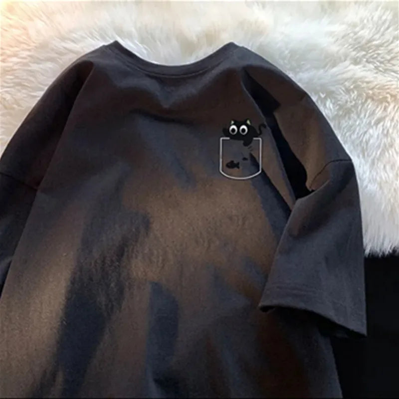 T-shirt Set American Retro Fashion Black Cat Printing T-shirt Oversized Half-sleeved Youth T-shirt