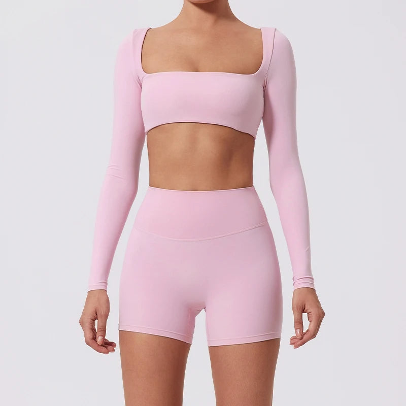 Summer Long-Sleeved Sports Fitness Set Women Outdoors Running Activewear Female Yoga Clothes Crop Top Sport Outfit For Woman