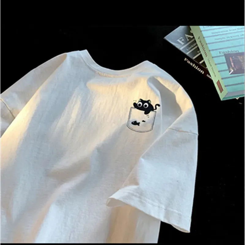 T-shirt Set American Retro Fashion Black Cat Printing T-shirt Oversized Half-sleeved Youth T-shirt