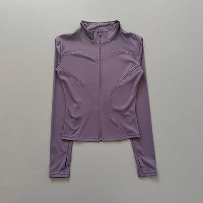Women's Workout Jacket Stretch Fitted Zip Front Long Sleeve Running Yoga Slimming Waist-Cinching Stand Collar Quick-Dry Sportswe