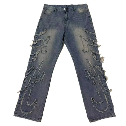 2025 Y2k Hip Hop Baggy Jeans Men's Street Fashion Raw Edge Embroidered Jeans Street Gothic Retro High Waisted Wide Leg Trousers