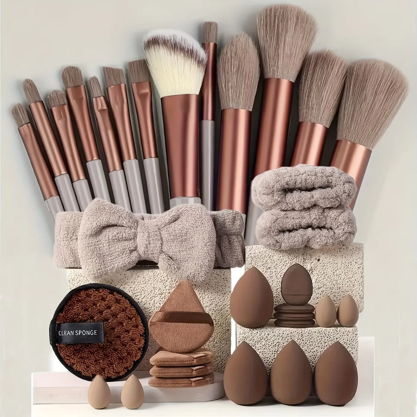 20/40Pcs Makeup Brushes and Sponges Set, Brown Makeup Puff, Beauty Egg, Headband, Wristband Remover Kit, Makeup Tool, Gift,